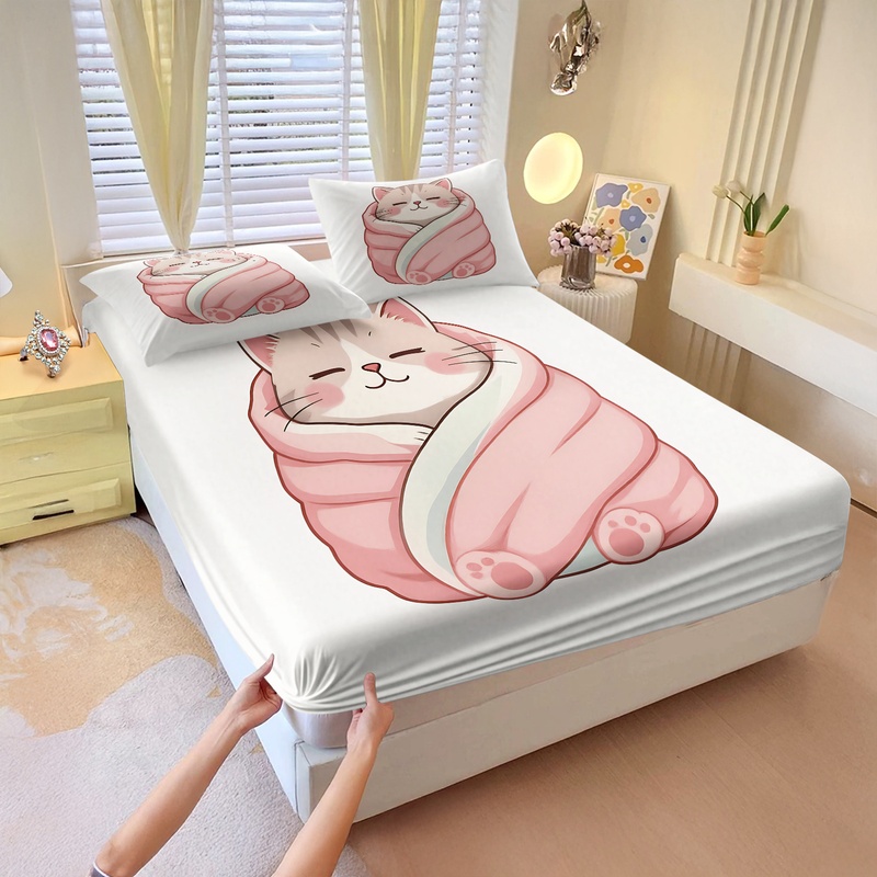 Fitted Bed Sheets Deep Pocket - Cute Cat Print Fitted Sheet Set