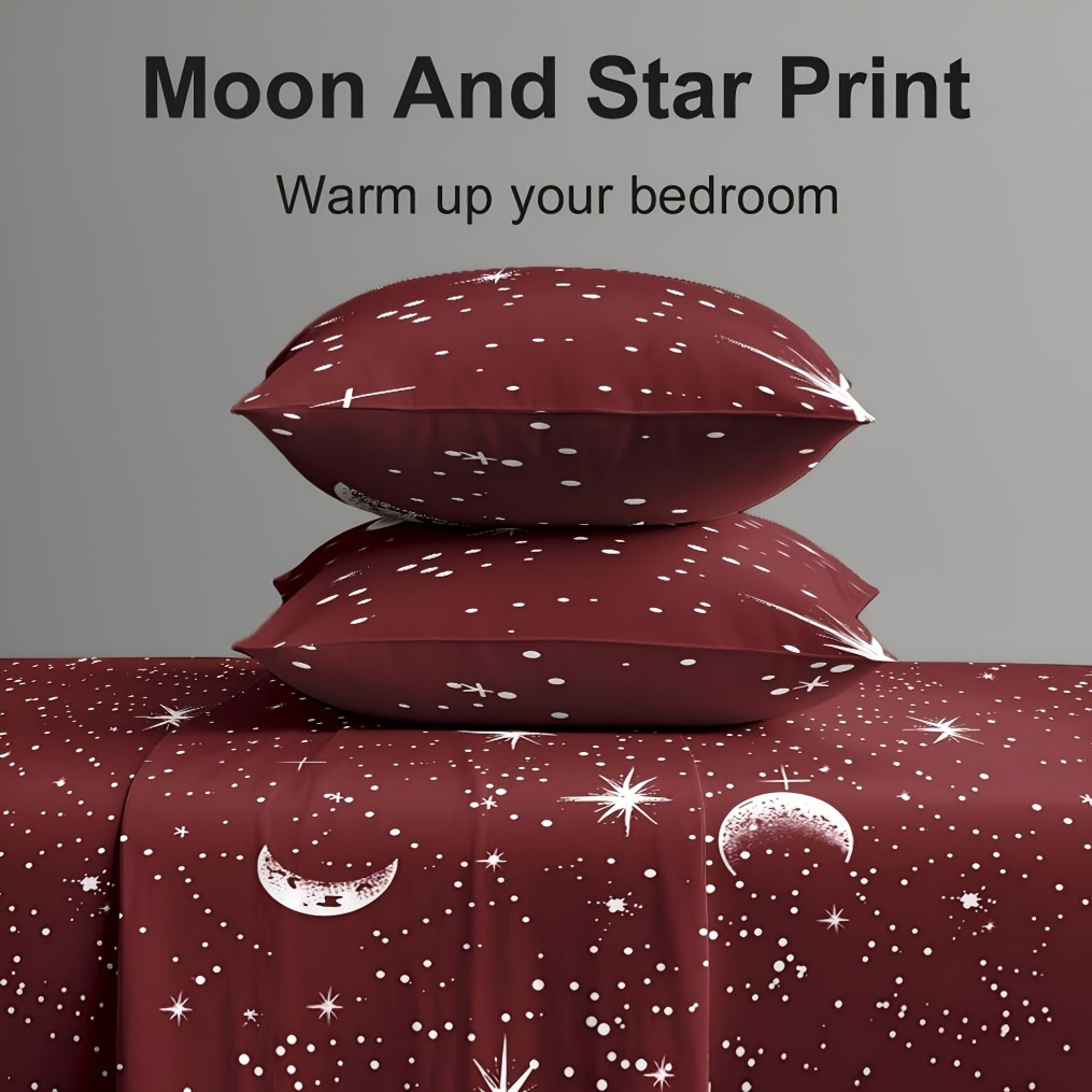 Fitted Bed Sheets Deep Pocket - 4Pcs Red Moon And Star Print