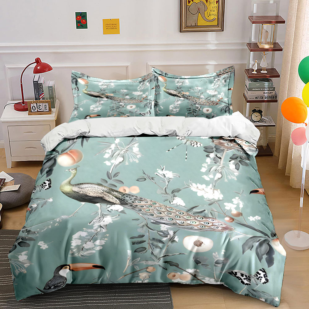 3PC Peacock Toucan Floral Bedd - Aesthetic Floral Duvet Cover recension och pris