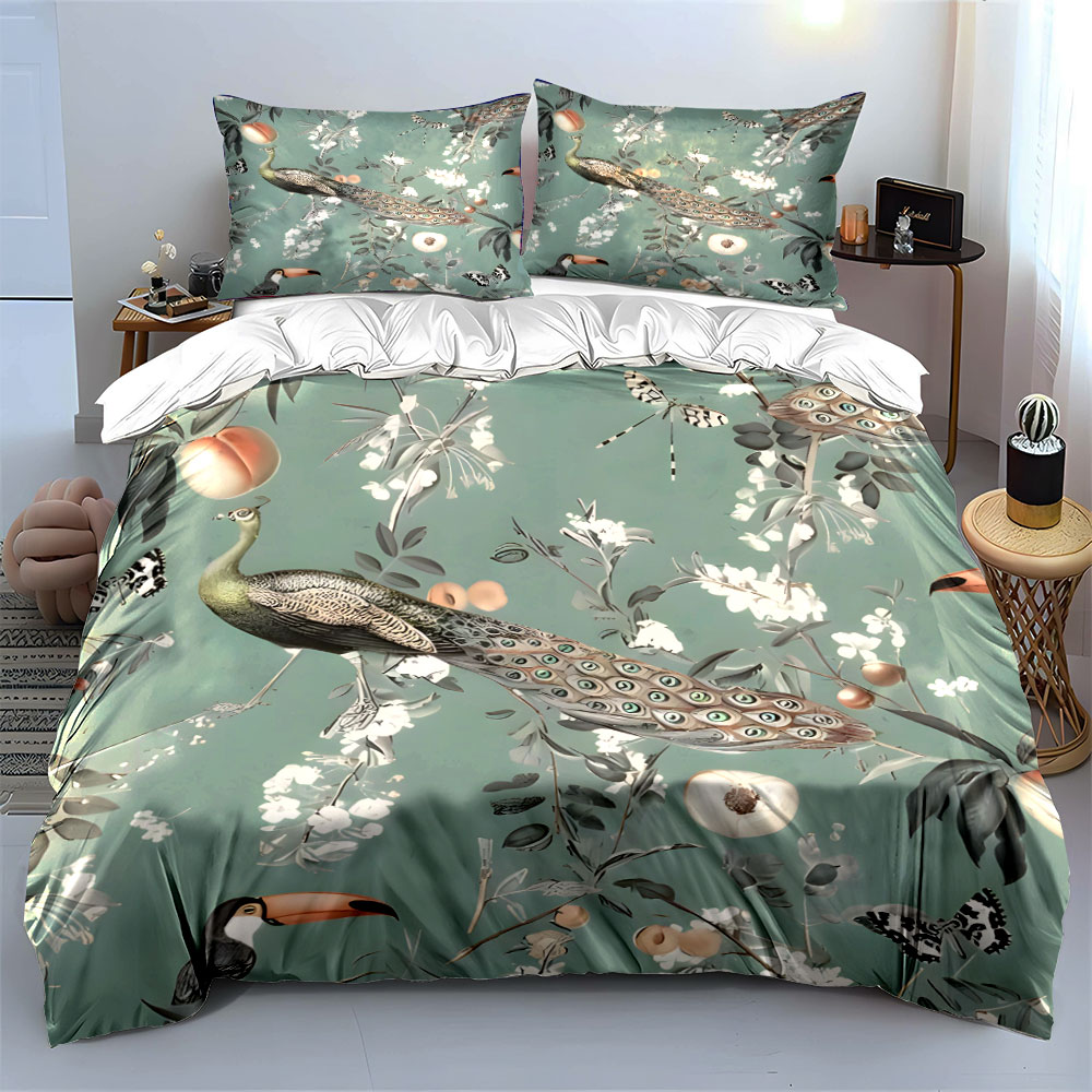 3PC Peacock Toucan Floral Bedd - Aesthetic Floral Duvet Cover recension och pris