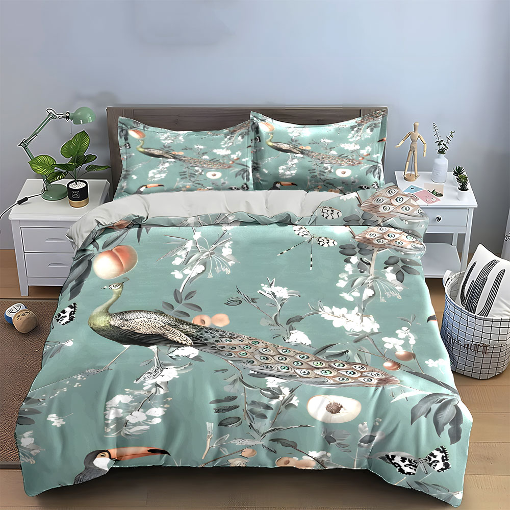 3PC Peacock Toucan Floral Bedd - Aesthetic Floral Duvet Cover recension och pris