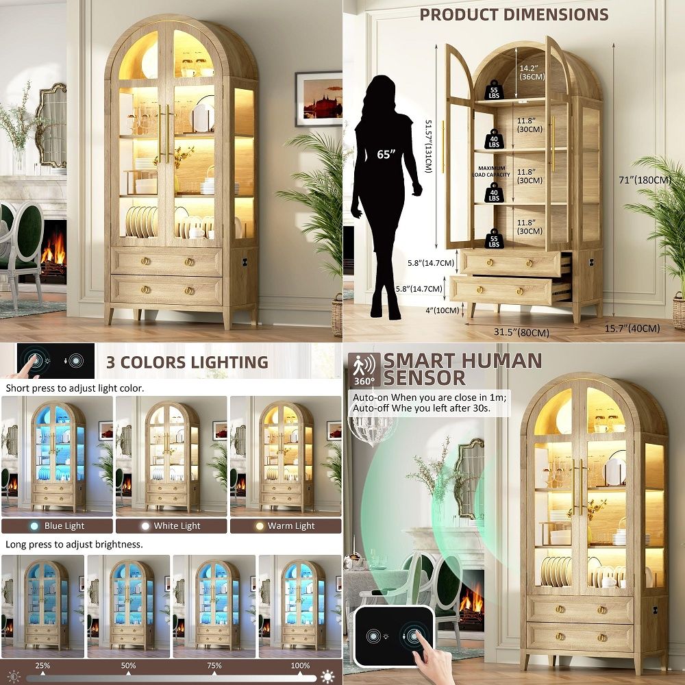 71 Arched Curio Cabinet with G - Lighting recension och pris