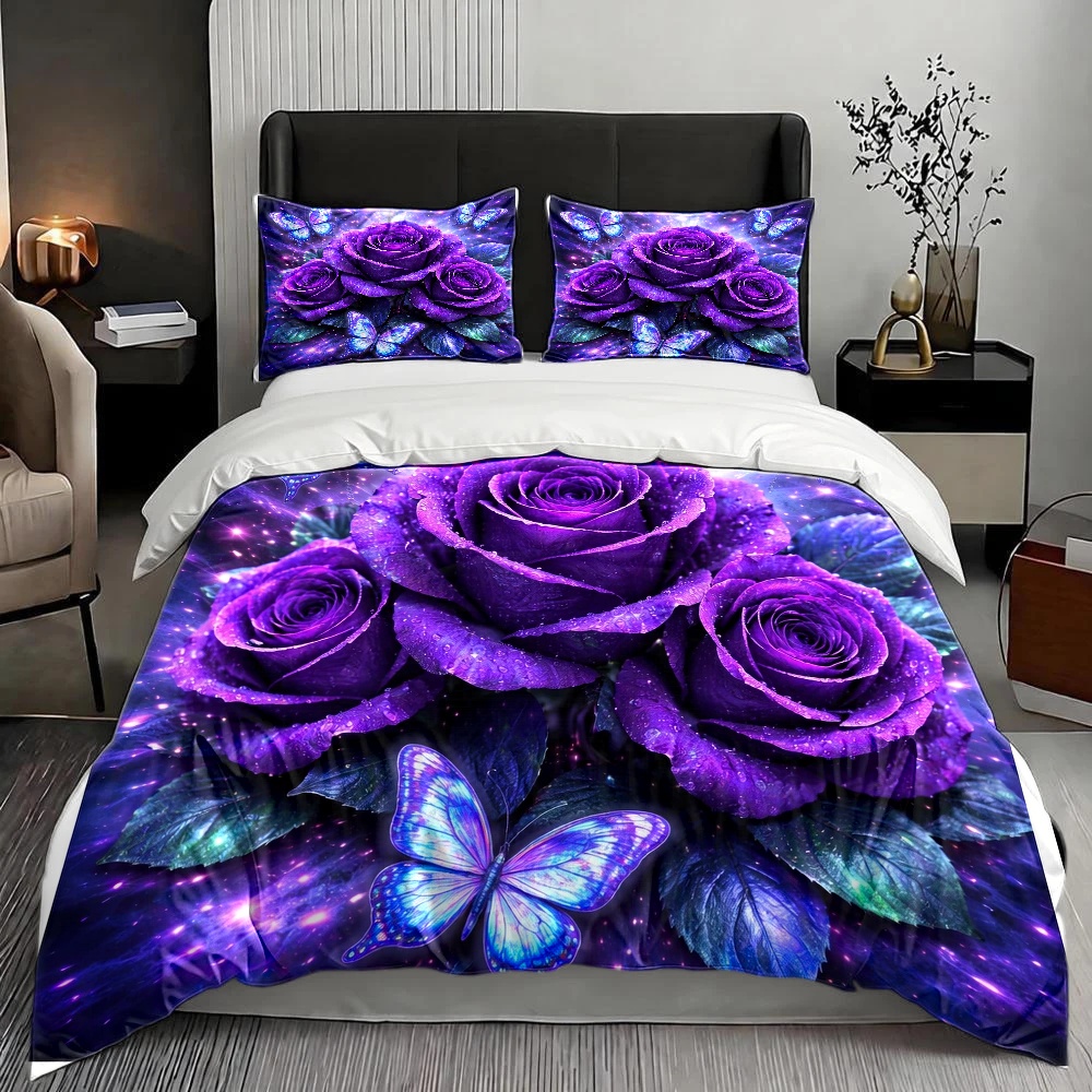 3Pc Dreamy Purple Rose Blue Bu - Duvet Cover Sets With Zipper recension och pris