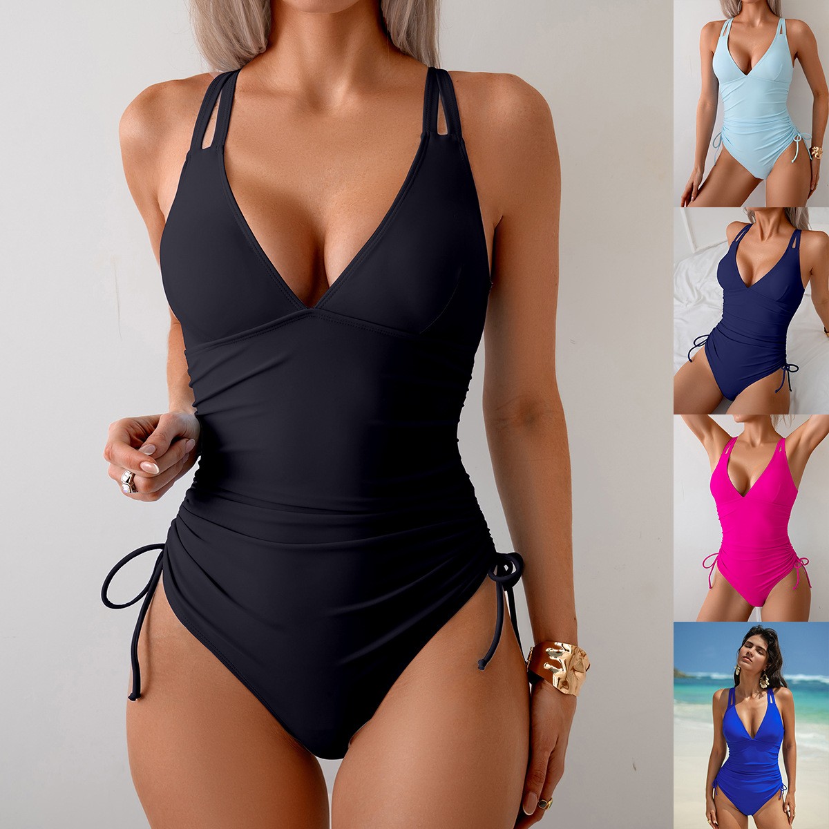 Solid Black Swimsuit V Neck Ru - Bath recension och pris